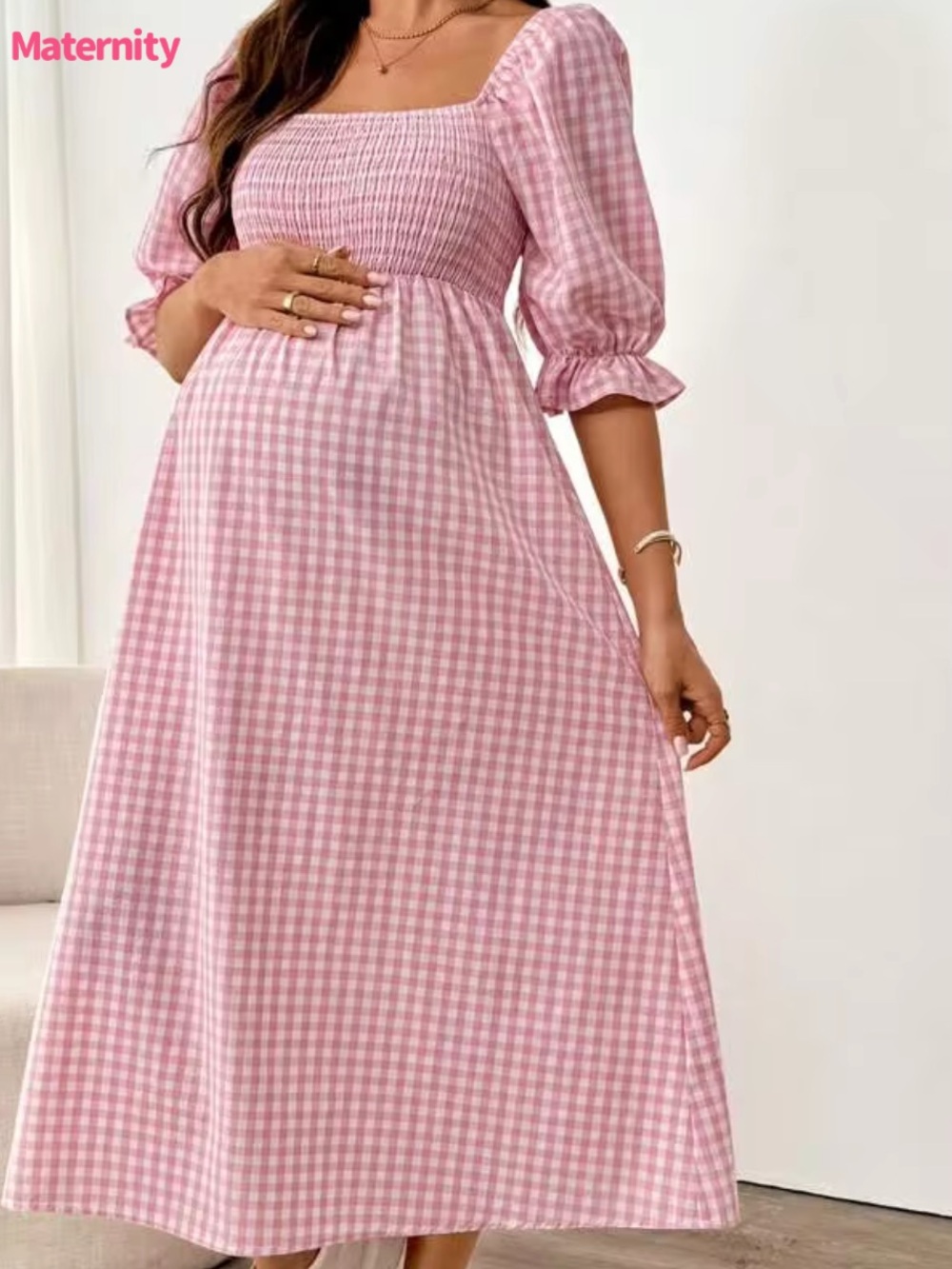 MATERNITY PINK GINGHAM CHECKERED DRESS NEW - Picture 2 of 3